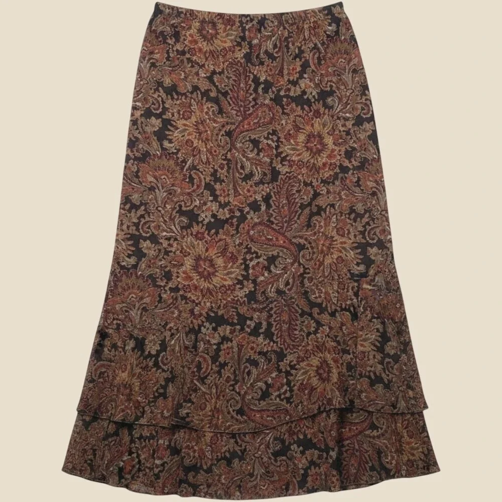 Coldwater Creek Silk Maxi Skirt Womens PS Brown Paisley Tiered Ruffle Boho